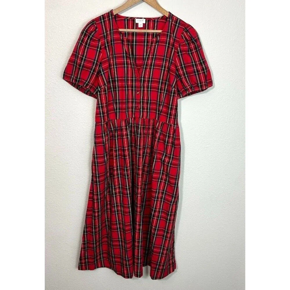 J. Crew Stewart Tartan Plaid Midi Dress 14 Red Puff Sleeve Cotton Blend Holiday